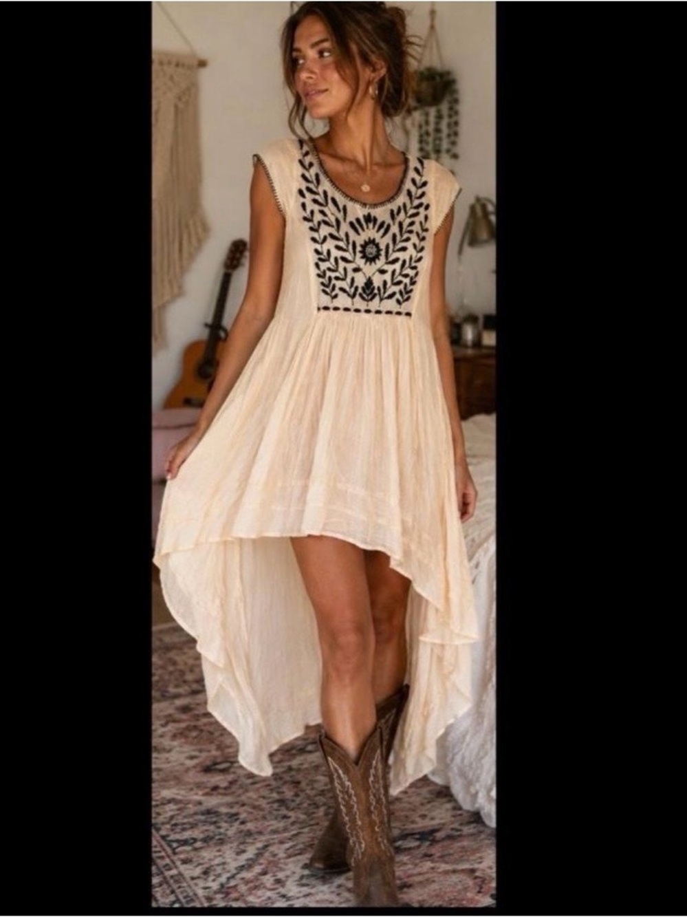 Free People Marina Cream Embroidered High-Low Dress - Boho Summer Style sz XS